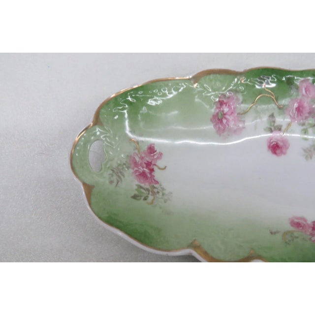 Bavaria Germany Porcelain Floral Pink Roses Serving Tray Dish With Handles For Sale - Image 4 of 13