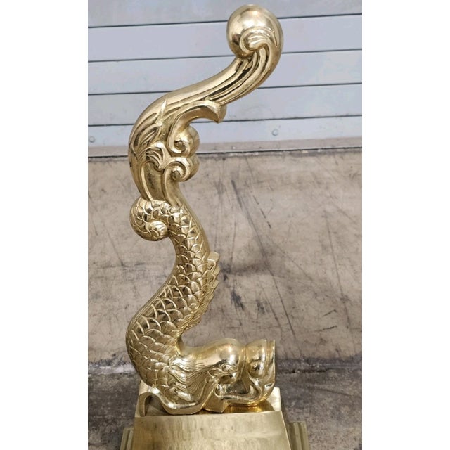 Metal Late 20th Century Cast Brass Andiron Dolphin Koi Fire Dogs For Sale - Image 7 of 12