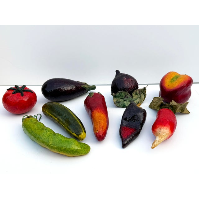 A darling vintage set of handmade garden vegetables, including tomato, eggplant, beet, red bell pepper, pea pod, cucumber,...