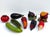 A darling vintage set of handmade garden vegetables, including tomato, eggplant, beet, red bell pepper, pea pod, cucumber,...