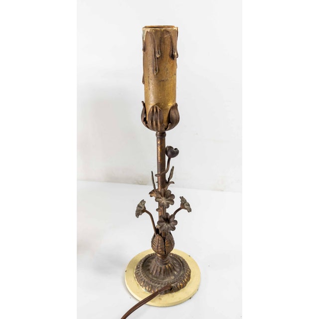 20th Century Italian Floral Tole Ware Style Metal Boudoir Table Lamp With Distressed Shade For Sale - Image 9 of 12