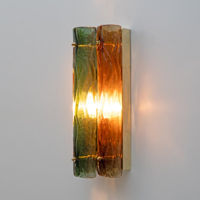 Metal Modern Amber and Green Murano Glass and Brass Sconces, 2000s, Set of 2 For Sale - Image 7 of 12