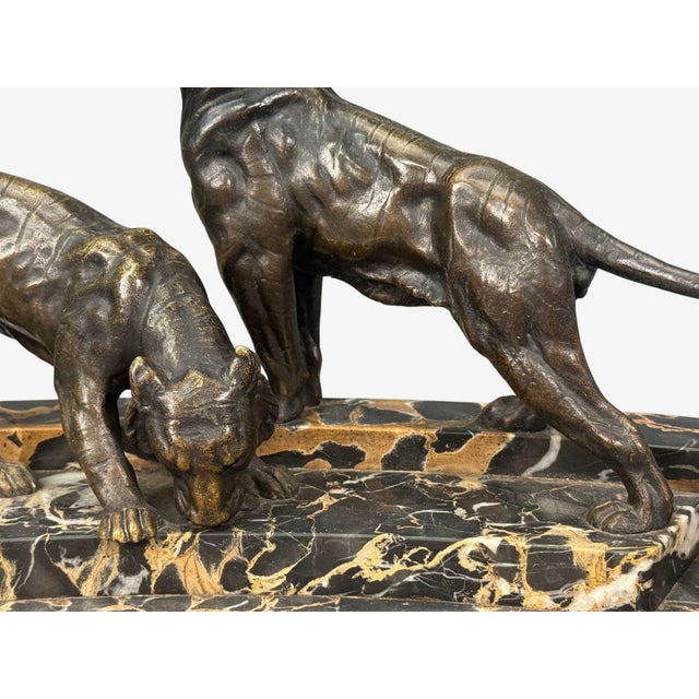 French Art Deco, Inkwell Desk Set, Pen Holder, Marble, Bronze Panthers, 1920s For Sale - Image 3 of 13