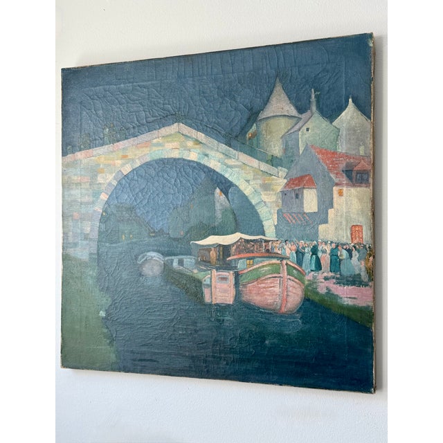 Ink Blue Vintage Oil on Canvas European River Town at Night For Sale - Image 8 of 14