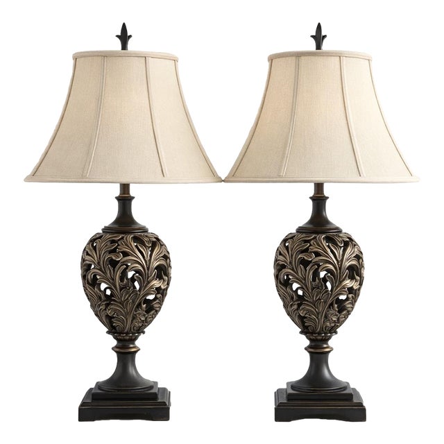 1970s Pair of Traditional Pierced Metal Table Lamps With Original Linen Shades For Sale