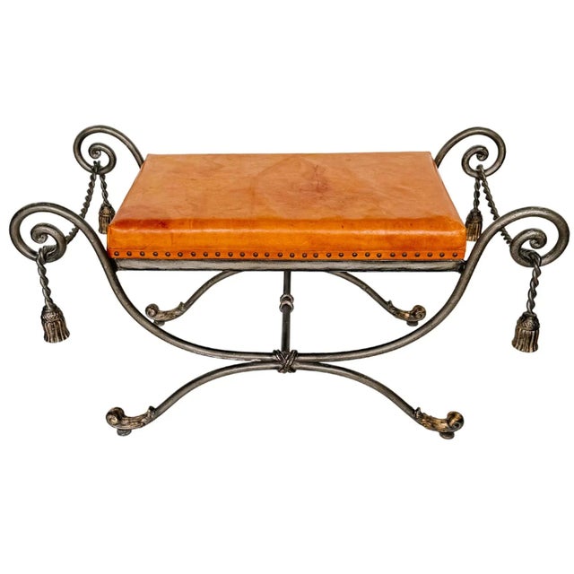 Vintage Gray Steel Bench With Gold Tassels and Leather Seat For Sale - Image 4 of 11