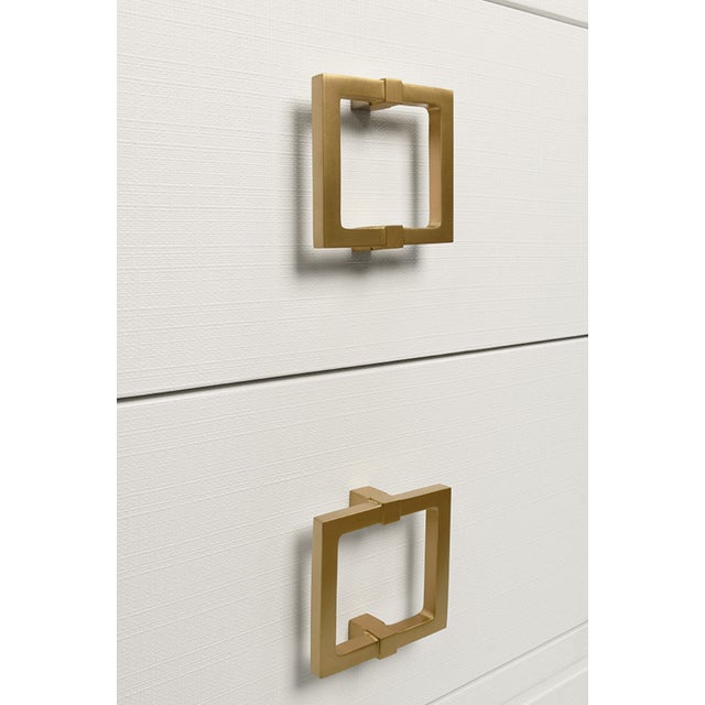 Worlds Away Matthew Izzo Home Cole White Linen Two Drawer Side Table With Glass Top and Large Square Brass Handle For Sale - Image 4 of 5