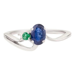 Dainty Blue Sapphire & Emerald Two Stone Promise Ring in 925 Silver - Size 7 For Sale