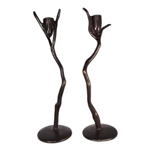 Contemporary Bronze Candlestick by Artist Gillberg Branch Design - a Pair