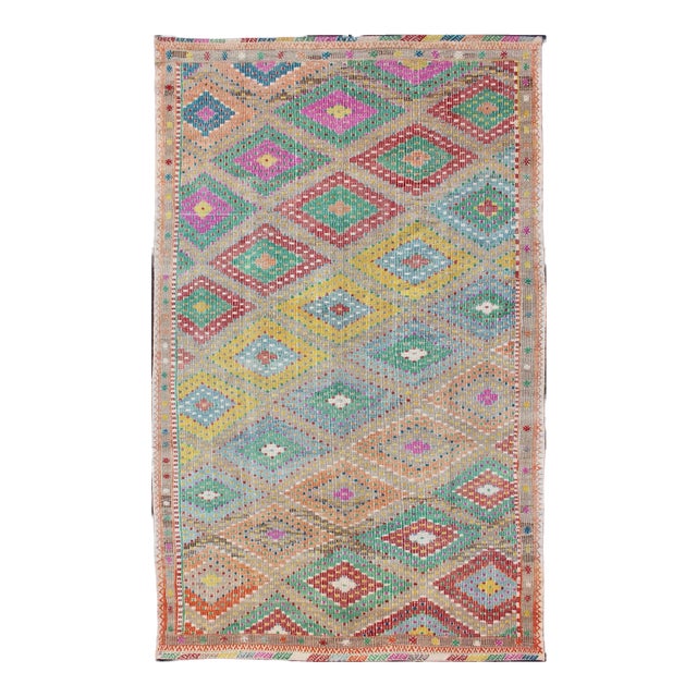 Colorful Turkish Embroidered Kilim Vintage Rug in Diamond Design & Vivid Colors For Sale