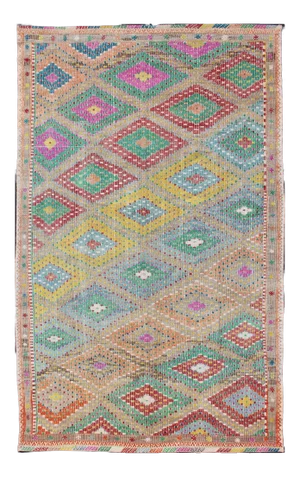 Colorful Turkish Embroidered Kilim Vintage Rug in Diamond Design & Vivid Colors