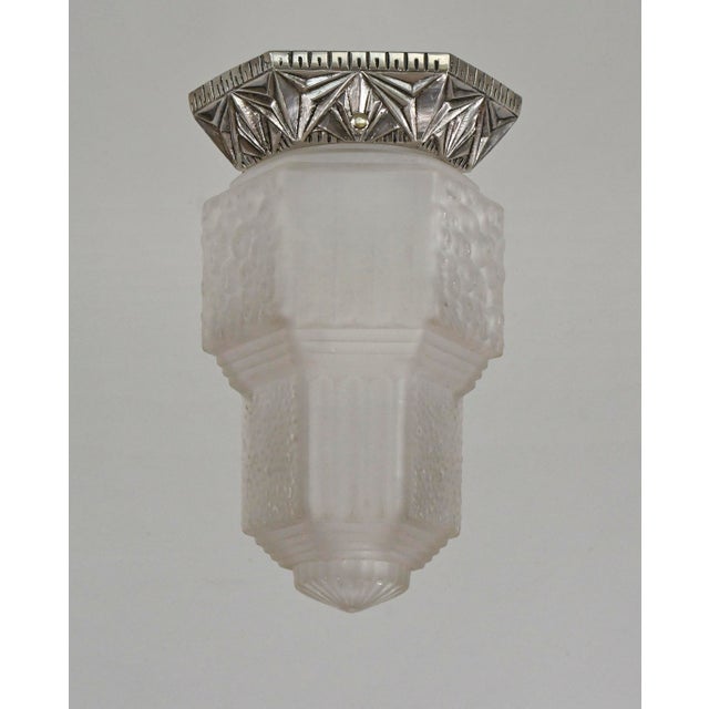 Pair of Francis Hubens & Muller Freres French Art Deco Flush Mounts - 1930s Frosted Glass & Nickel For Sale - Image 6 of 12