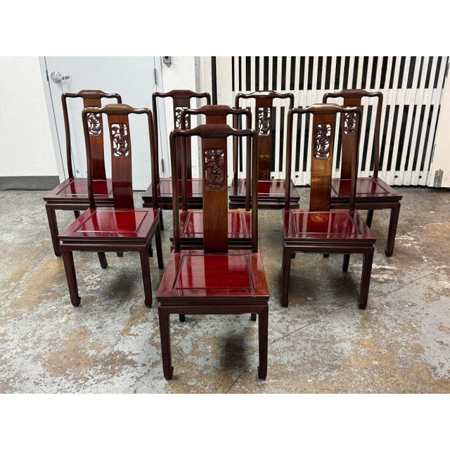 Vintage Rosewood Round Carved Dragon Table + Eight Chairs + Lazy Suzan, Set For Sale - Image 9 of 12