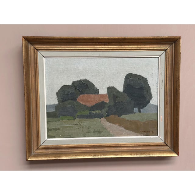 Original Vintage Scandinavian Oil on Canvas – “Landscape with Houses and Trees” by William Fleetwood (1915–1993) – Signed...