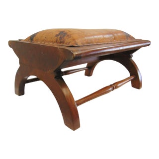 Mid-Century French Rustic Walnut / Leather Footstool For Sale