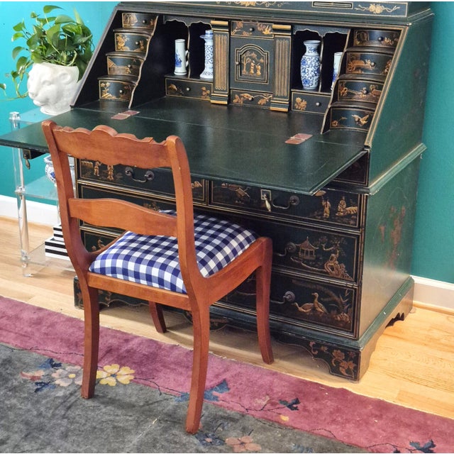 Brown Early 20th Century Duncan Phyfe Style Rose Carved Mahogany Side Chair Blue Gingham For Sale - Image 8 of 9