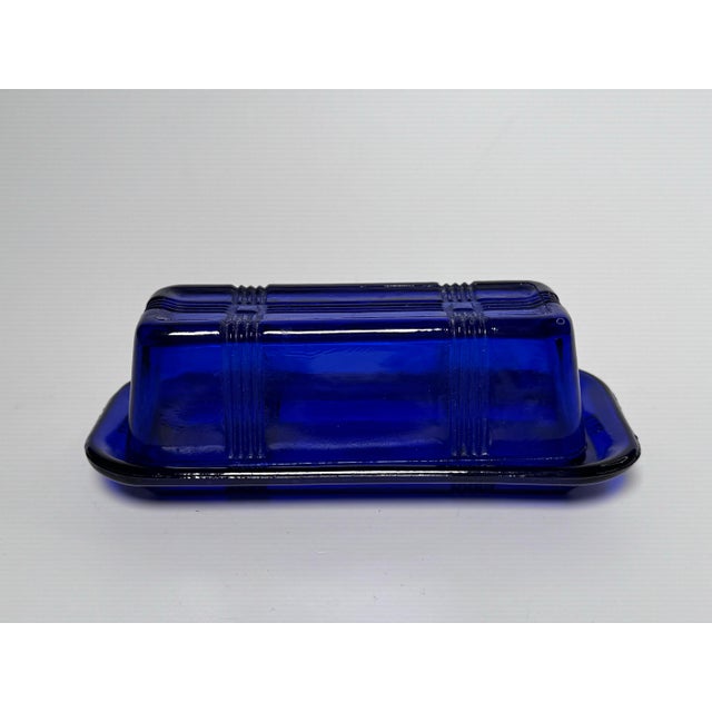 Vintage Art Deco Style Cobalt Blue Glass Depression Glass Butter Dish For Sale - Image 4 of 10