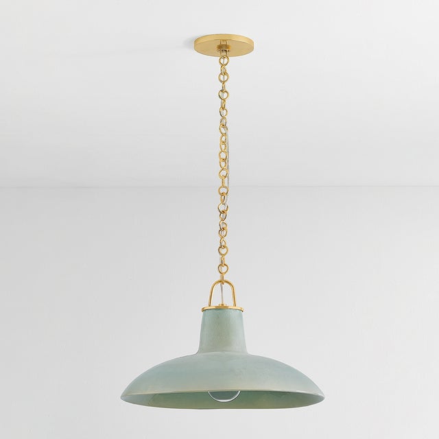 Mid-Century Modern Hudson Valley Lighting Pottersville 18 in. 1 Light Pendant in Aged Brass and Ceramic Moss Crackle Finish For Sale - Image 3 of 6
