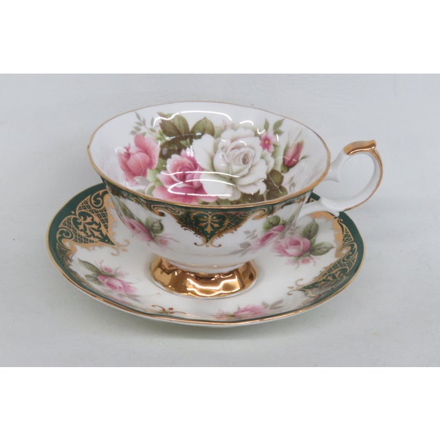 Staffordshire Elizabethan Green Bone China Cabbage Roses Tea Cup & Saucer 4648b For Sale - Image 12 of 12
