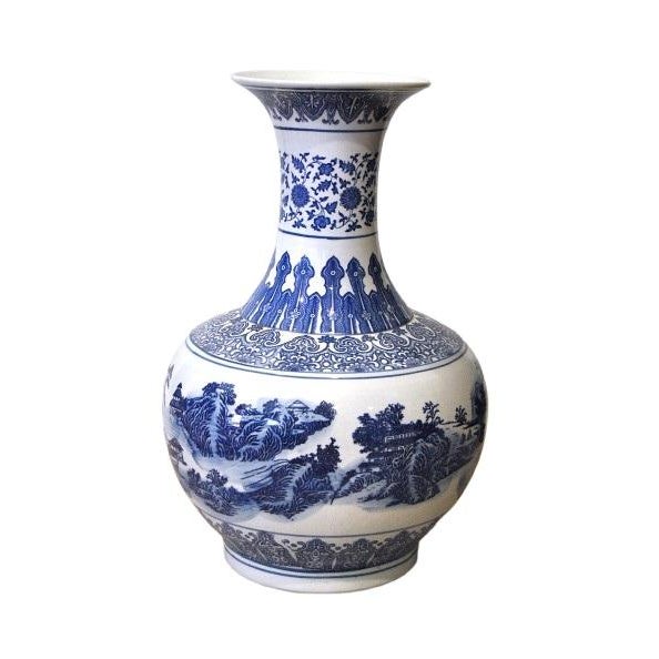 A fine and large blue and white floor vase with apocryphal Qianlong six-character Mark. The vase is robustly potted with a...