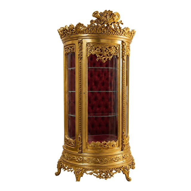 Large French Baroque Style Display Cabinet – Gold Leaf Glass Curio Vitrine With Burgundy Velvet Interior For Sale