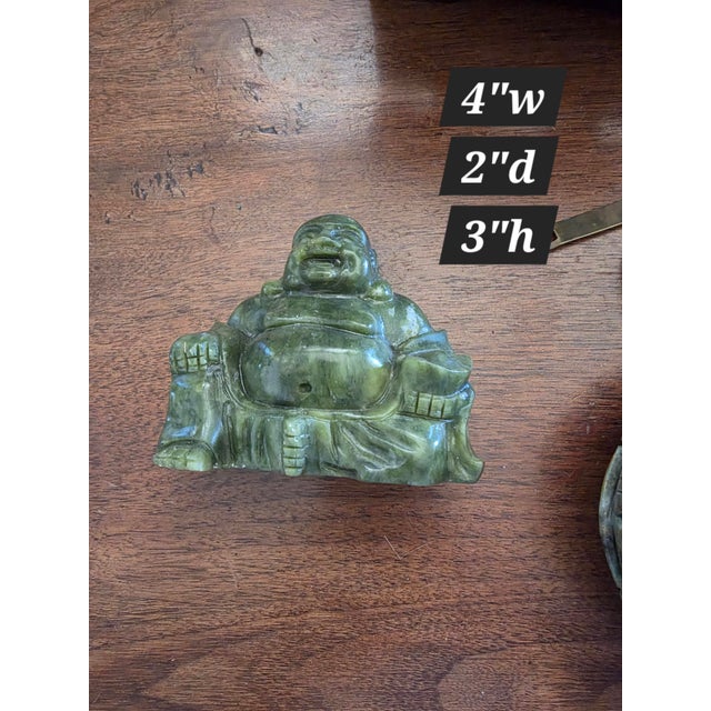 Little Chinese jewelry box, carved round stone incense burner with lid, and serpentine carved Buddha.
