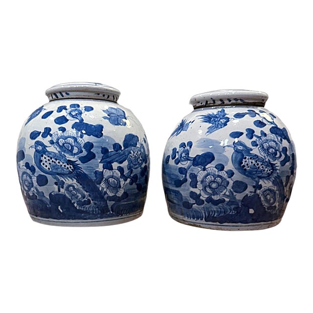 Blue and White Aviary Chinoiserie Ginger Jars - a Pair For Sale