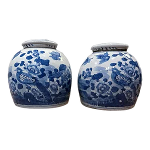 Blue and White Aviary Chinoiserie Ginger Jars - a Pair