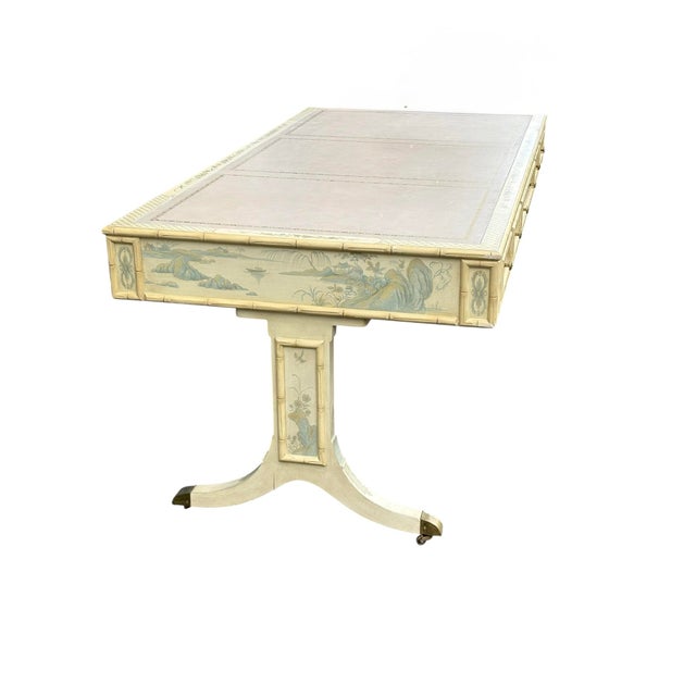 Faux Bamboo Blue and Creme Toile De Joy Chinoiserie Large Leather Top Executive Desk For Sale - Image 4 of 12