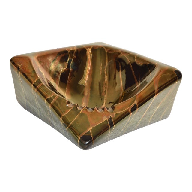 1970s Raymor Style Vintage Bronze Black Gold Glazed Ceramic Asymmetric Ashtray Italy For Sale