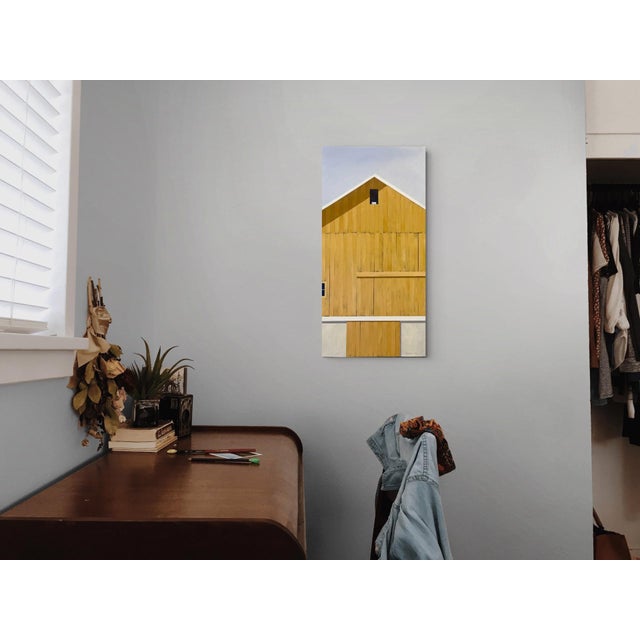 Autumn Afternoon by Justin Wheatley | Acrylic on Panel Yellow Barn With Grey Sky For Sale In Denver - Image 6 of 8