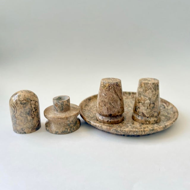 1970s Vintage Fossil Coral Marble Condiment Set With Tray, Salt & Pepper Shakers and Toothpick Holder - Set of 4 For Sale - Image 5 of 12