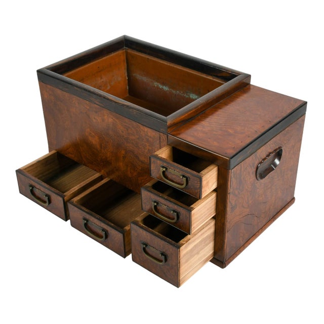 Mid 20th Century Japanese Burlwood Hibachi With Drawers and Copper Liner, Meiji-Style For Sale - Image 5 of 9