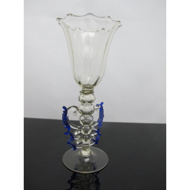 Venetian Hand Blown Art Glass Decorative Tipetto Wine Goblet With Blue Wings For Sale In Portland, OR - Image 6 of 8