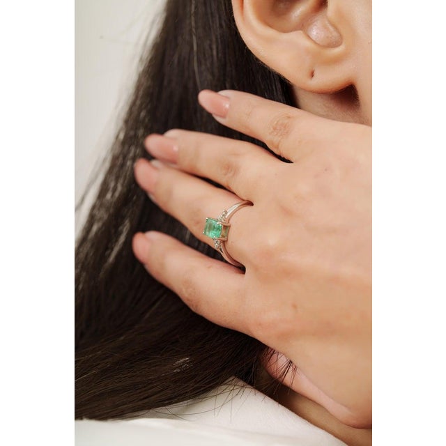 Natural Emerald Octagon Cut Engagement Ring With Diamond Accents in 925 Silver- Size 7 For Sale - Image 6 of 11
