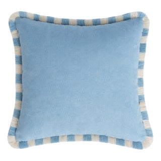 Bicolor Light Blue Velvet Cushion with Light Blue and White Fringes by Lo Decor For Sale