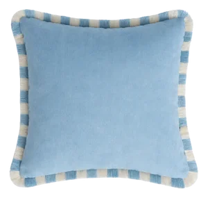 Bicolor Light Blue Velvet Cushion with Light Blue and White Fringes by Lo Decor