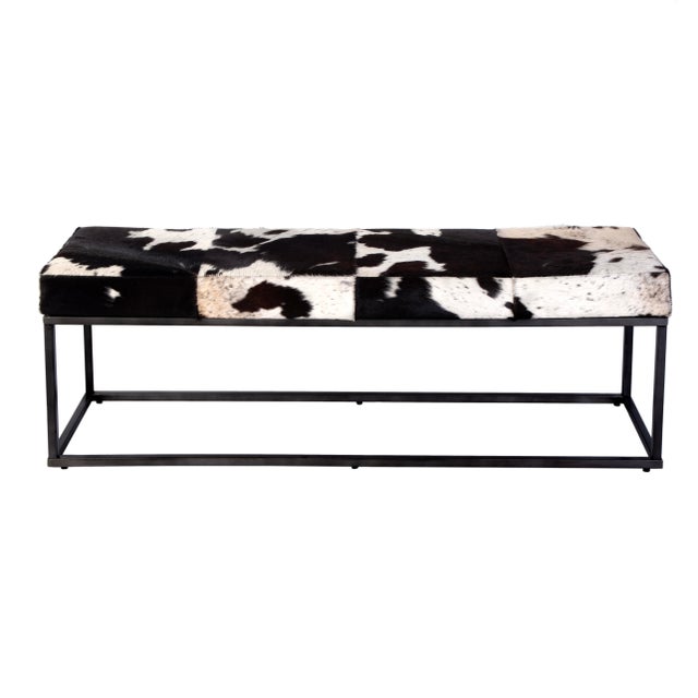 Rustic Stinson 54 in. W Rectangular Hair-on-Hide and Iron Accent Bench, Black and White For Sale - Image 3 of 7