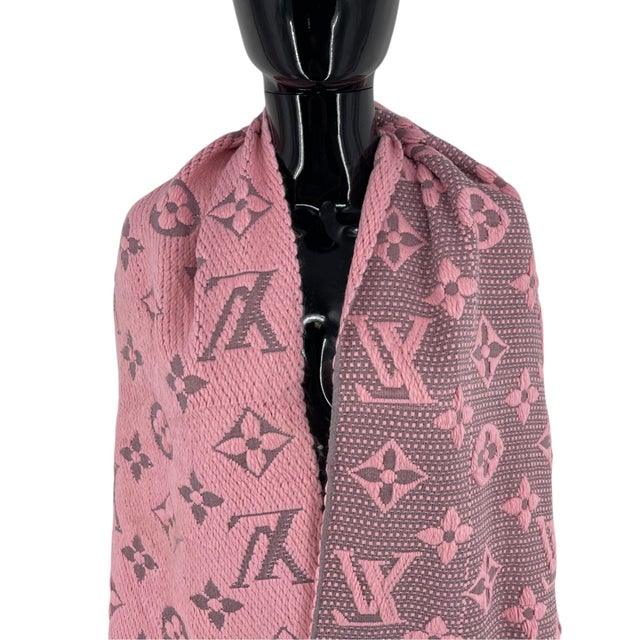Louis Vuitton Pink & Grey Wool Silk Reversible Logomania Scarf | Chairish