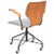This office chair features a black metal frame, a wooden seat and back as well as fabric upholstery in grey.
