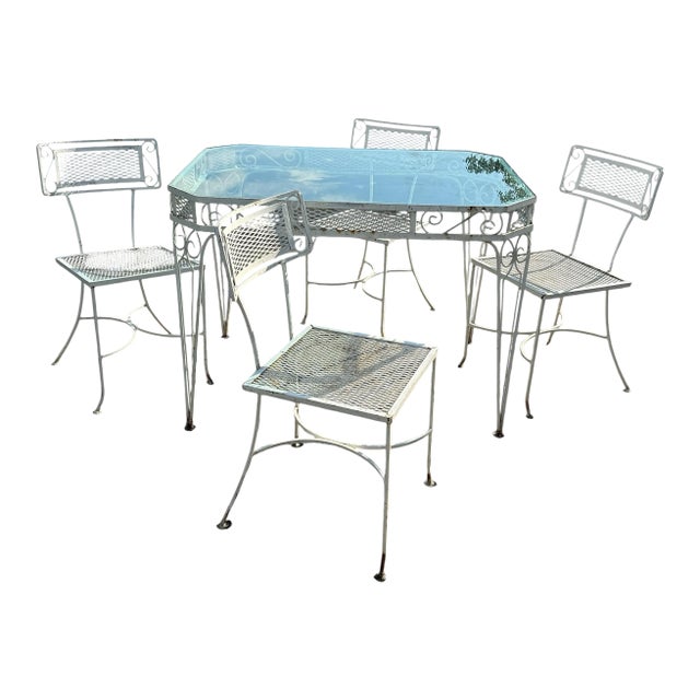 Mid Century Patio Set Outdoor Dining Table & Chairs Distressed Italian Garden Furniture For Sale