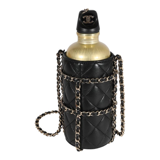 Gold Metal Water Bottle & Black Quilted Lambskin Holder For Sale