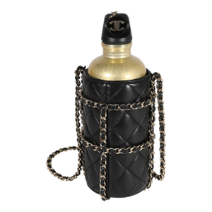 Gold Metal Water Bottle & Black Quilted Lambskin Holder