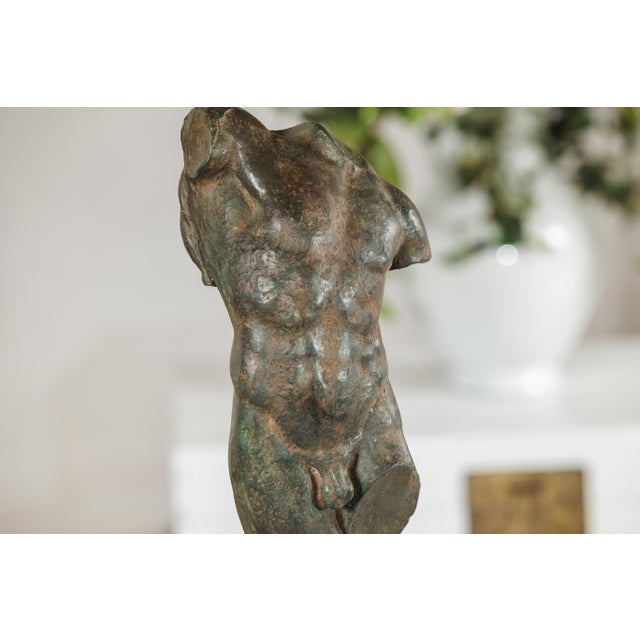 Late 20th Century Small Male Torso Bronze Sculpture on Circular Marble Base For Sale - Image 13 of 15