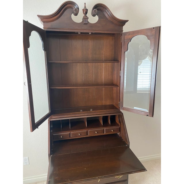 Brown Late 20th Century Ethan Allen Georgian Court Cherry Georgian Secretaire With Drop Front Desk/Chest and Bookcase/Curio Top For Sale - Image 8 of 12