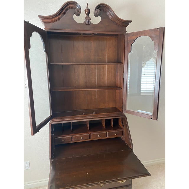 Brown Vintage Exquisite Ethan Allen Georgian Court Cherry Drop Front Secretary Desk With Curio/Bookcase Top For Sale - Image 8 of 12