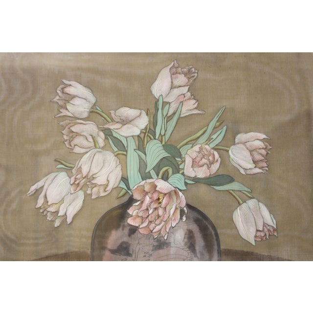 1920s Signed & Dated 1928 Watercolor on Silk by R. C. Matsuyama of "Tulips in a Vase" For Sale - Image 5 of 10