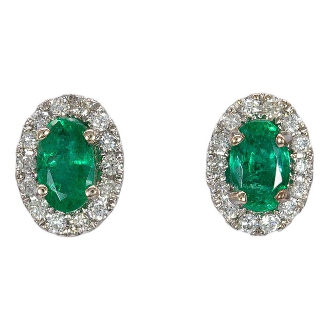Emerald Stud Earrings With Earth-Mined Diamond Accents: Solid 14k Gold, A Pair For Sale