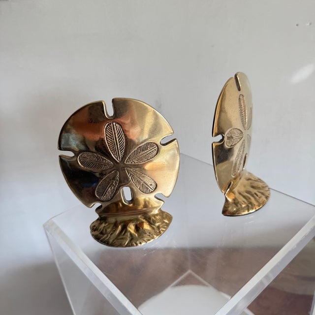 French Coastal Solid Brass Sand Dollar Bookends-a Pair For Sale - Image 3 of 5