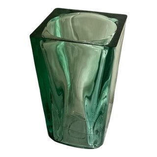 Vintage 1960s Blenko Style Green Cast Glass Sculptural Vase For Sale
